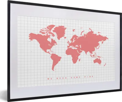 Produktbild von MuchoWow® Gerahmtes Poster Weltkarte - Rosa - Zitat - Kinder - Jungen - Mädchen 60x40 cm - Poster mit Schwarzem Bilderrahmen Wandposter Rahmen Foto Bilder - Schlafzimmer - Plakat in Rahmen - Drucken