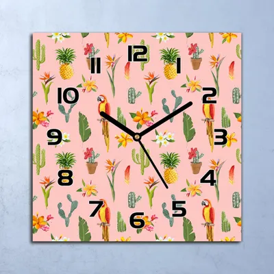 Produktbild von Wanduhr Echt-Glas-Küchenuhr Papagei Blumen rosa Quarz 30x30 Deko Bilder
