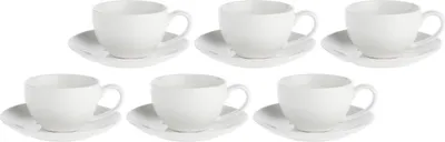 A set of six white coffee cups with saucers arranged in two rows on a white background.