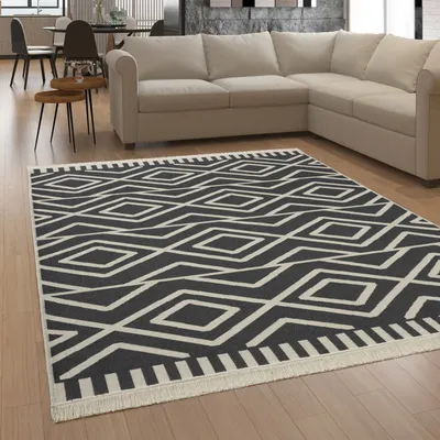 Image de Tapis de salon Boho Lavable à 30 °C Style scandinave Avec franges Réversible Dimensions 60 x 90 cm