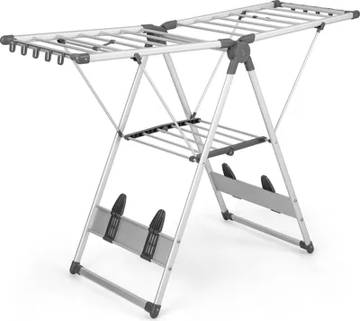 Immagine prodotto di Stendibiancheria COSTWAY, stendino in alluminio a 2 livelli con regolazione in altezza a 5 livelli, 21 guide per vestiti, 10 morsetti laterali e 4 porta scarpe, stendibiancheria pieghevole per vestiti e asciugamani
