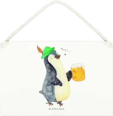 Produktbild von Mr. & Mrs. Panda Schild Pinguin Bier DIN A4 - Weiß - Geschenk, Deko Wandbild, holzbild, , Holz, Türschild, Beschwippst, Holzschild