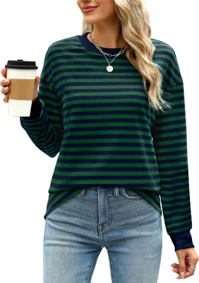 Produktbild von ASKSA Damen T-Shirt Rundhals Langarm Shirts Gestreift Basic Elegant Casual Lose Frauen Tunika Oberteile (Dunkelgruen,S)