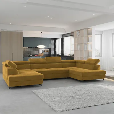 Produktbild von Masseno Ecksofa VINTESSA mit Schlaffunktion U-Form, Sofa mit Bettkasten, Wohnzimmersofa, Couch, Soffa, Bettsofa, Couchgarnitur- Gelb, MONOLITH 48