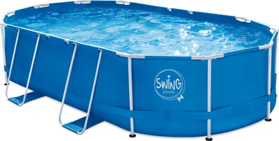 An oval-shaped blue swimming pool with a silver metal frame, filled with water.