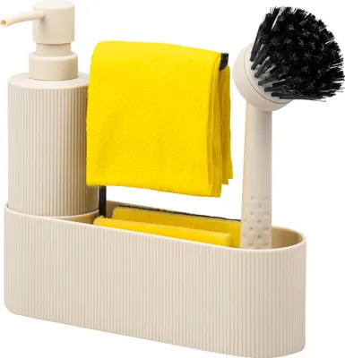 Zdjęcie produktu dla Organizer do zlewu eluno z powierzchnią Soft-Touch, dozownikiem mydła, półką, szczotką do mycia naczyń i uchwytem na ściereczkę, beżowy
