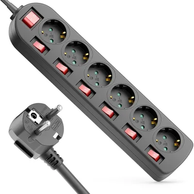 Produktbild von deleyCON 6-Fach Steckdosenleiste - EIN/AUS Schalter - einzeln schaltbar - 1,4m Kabel - 6x Buchse Mehrfachsteckdose Stromkabel Verteiler Verlängerung Stromleiste Haushalt Büro 3680W 16A - Schwarz