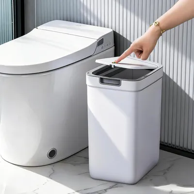 Zdjęcie produktu dla Mały kosz na śmieci do łazienki z pokrywą - Wąski kosz na śmieci - Kosz na śmieci z tworzywa sztucznego z klapą - Pojemnik dla psa do łazienki