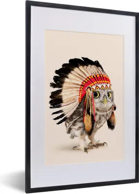 Produktbild von MuchoWow® Gerahmtes Poster Tier - Eule - Indianer - Vogel 40x60 cm - Poster mit Schwarzem Bilderrahmen Wandposter Rahmen Foto Bilder - Poster in Rahmen