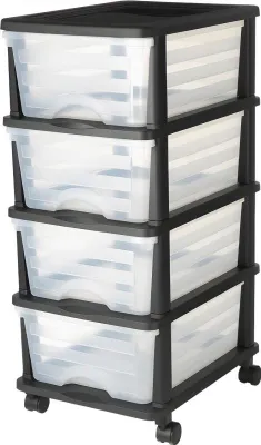 Produktbild von Rollbarer Schubladenwagen mit 4 Schubladen (17 L / Stk.), Schubladenschrank - durchsichtige Schubladenbox für Bürobedarf, Bastelräume, Klassenzimmer - Schubladen-Container mit Behältern.