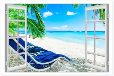 Produktbild von Wallario Premium Glasbild, freischwebende Optik, kräftige Farben, Größe 90 x 60 cm Motiv Blick durch ein Fenster auf den Strand