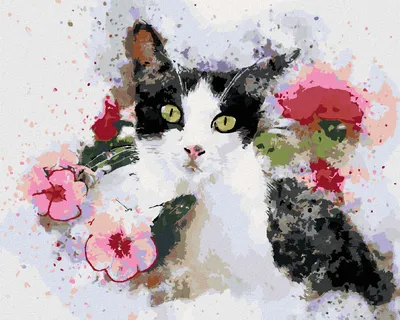 Image de Zuty - Peinture diamant - CHAT NOIR ET BLANC ET FLEURS ROSES, 40 x 50 cm, sans cadre et sans toile tendue