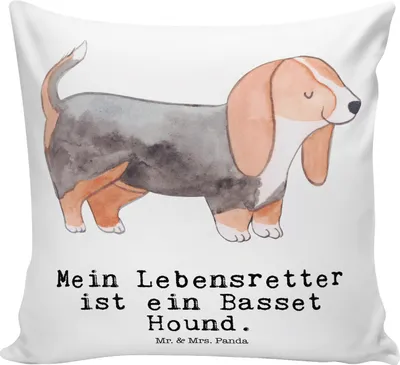 Produktbild von Mr. & Mrs. Panda Sofa Kissen Basset Hound Lebensretter - Weiß - Geschenk, Polster, zier, Sofakissen, Dekokissen, kuschelkissen 40x40, Lounge