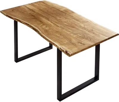 Produktbild von Esszimmertisch 130x75 cm Billy, echte Baumkante, Esstisch aus Akazienholz massiv + naturfarben, Baumkantentisch mit U-Gestell Schwarz