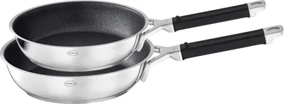 Two stainless steel frying pans stacked on top of each other against a white background.