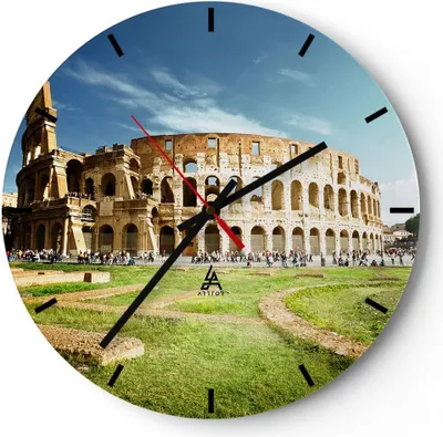 Produktbild von Wanduhr - Rund - Glasuhr - Archäologie Architektur Italien Kolosseum - 40x40cm - Schleichendes Uhrwerk - Lautlos - zum Aufhängen bereit - Dekoration Modern - Wanddekoration aus Glas - C3AR40x40-2685