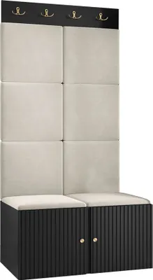 Produktbild von MIRJAN24 Garderoben-Set Orion Ryfel Slim IV, Schuhschrank, Kleiderhakenbrett, 8x Paneel 42x42, Metallgriffe, 4 Kleiderhaken (Farbe: Schwarz, Manila 02)