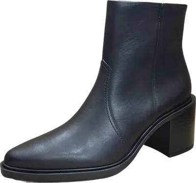 A single black leather ankle boot is shown against a white background.
