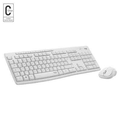 A white wireless keyboard and mouse set is displayed on a white background.