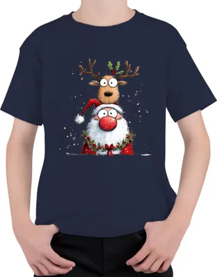 Produktbild von Weihnachtsmann Rentier Cartoon lustig Weihnachten Geschenk Kinder Uni Kinder T-Shirt, Navy, 104