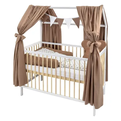 Produktbild von Baby-Delux Hausbett Kinderbett Gitterbett Weiß Natur 60x120 Beißschienen Schutzgitter Matratze Bett Set Waffelpique Herzen Braun Musselin Himmel