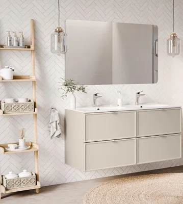 Produktbild von Design Badmöbel Set mit Doppelwaschbecken BELLA  CASHMERE 120 cm MDF SOFT-CLOSE Waschtisch Spiegel