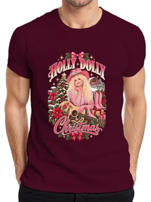 Produktbild von Holly Dolly Christmas Country Western Cowgirl Gitarre Nashville Herren T-Shirt, Burgundy, L