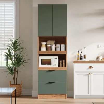 Imagen del producto de Armarios de cocina de 200 cm de altura, armarios de almacenamiento con puertas y cajones, armario alto con sistema de seguridad anticaída, 59,5 x 45 x 200 cm, color verde