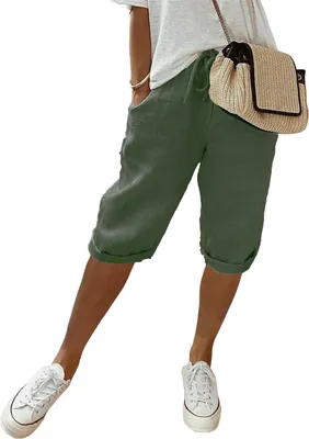 Produktbild von ASKSA Damen Sommer Leinenhose Luftig Hohe Taille Caprihose Locker Elastisch Strandhose Kurzehose, Dunkelgruen, Groesse: M