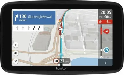 A TomTom GPS navigation device displaying a map and route information.