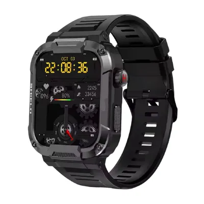 A close-up studio shot of a black smartwatch with a rugged design.