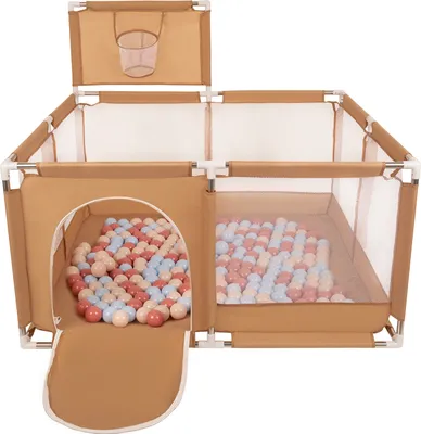 Produktbild von Selonis Laufstall Mit Korb Und 100 Bälle Laufgitter Für Kinder, Beige:Pastellbeige/Pastellblau/Lachsfarben