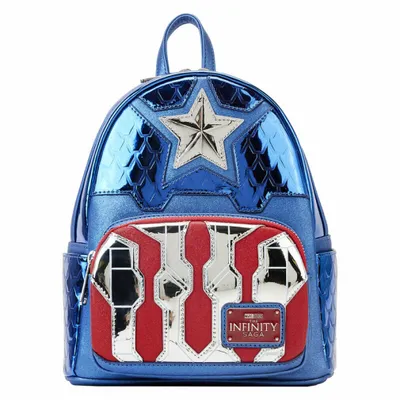 A product shot of a Captain America themed backpack.