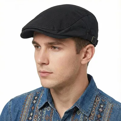 Productafbeelding van Herren flatcap van katoen, zomerhoed met klep, verstelbaar, 55-62 cm, zwart