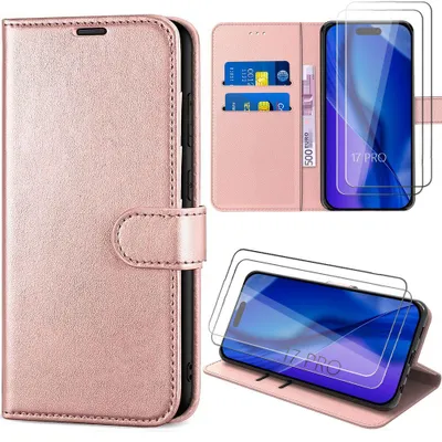 Image de Coque + 2 Verres Trempés pour iPhone 17 Pro, Coque Portefeuille Anti-Rayures Antichoc CuirPolyuréthaneRose