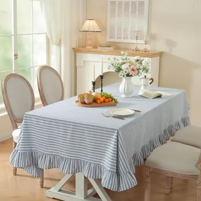 Produktbild von Tischdecke Baumwolle Leinen mit Rüschenkante 152x305cm Blau-Weiß