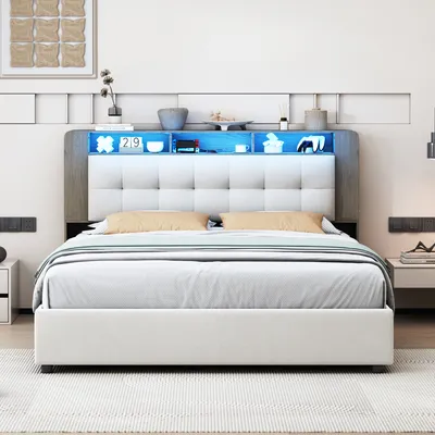 Obrázek produktu pro Čalouněná postel 140x200 cm s roštem, úložným prostorem a LED diodou, sametová, bílá