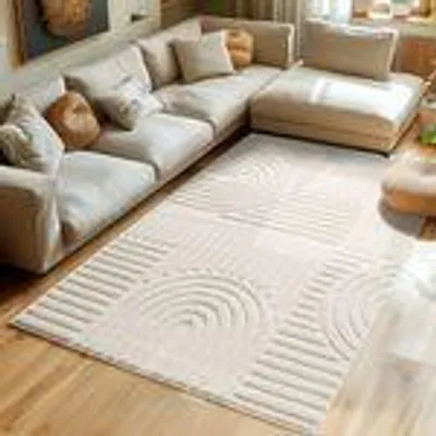 Produktbild von Hochflor Teppich Wohnzimmer Küchenteppich Schlafzimmer Flur Skandi Boho Teppich 3D Design Flauschig Weich , Größe : 200 x 290 cm , Farbe : Creme