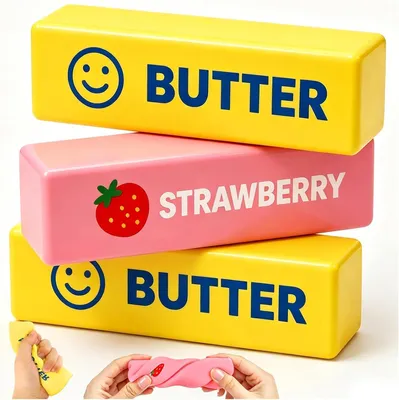 Productafbeelding van Squishy boter - Set van 3 - Anti-stress - Boterstokje - Speelgoed - Realistische vorm - Zacht en grappig - Schattig