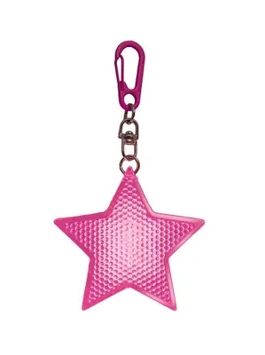 A pink star-shaped reflective keychain with a carabiner clip.