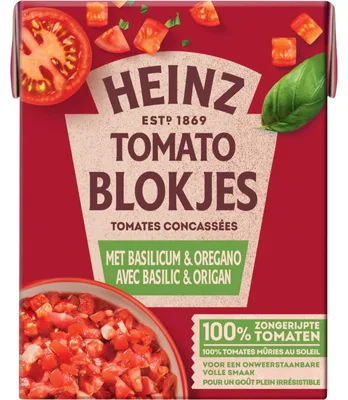 Produktbild von Heinz Tomaten Blokjes mit Basilikum & Oregano, 390g – Aromatische Tomatenwürfel