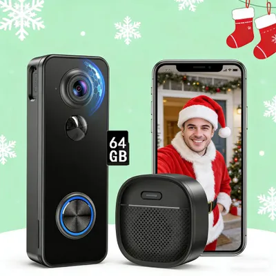 Produktbild von 1080P Video Türklingel mit Kamera kabellos Nachtversion,180° Weitwinkel, IP65 wasserdicht, 2,4GHz WLAN 64GB