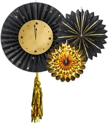 Obrázok produktu pre 3 dekoratívne rozety hodiny čierne zlaté Silvester Nový rok