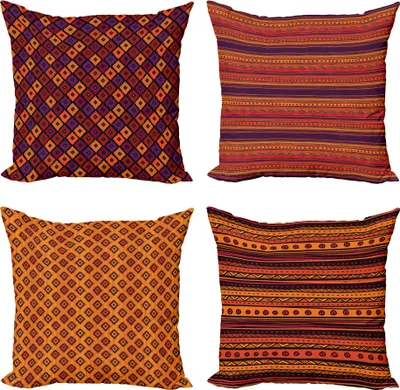 Obrázek produktu pro ABAKUHAUS Etnické dekorační polštáře, povlaky na polštáře, balení po 4 kusech, Tribal Folk Stripes Forms, moderní akcent, oboustranný digitální tisk, 45 x 45 cm, oranžová švestka a burgundská červená