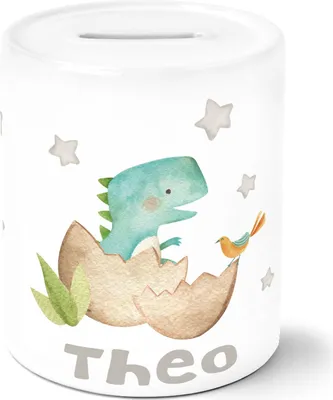 Produktbild von Kinder Spardose mit Namen Dino Baby Dinoaurier Tier Motiv Sparschwein Keramik SpecialMe® T-Rex weiß unisize