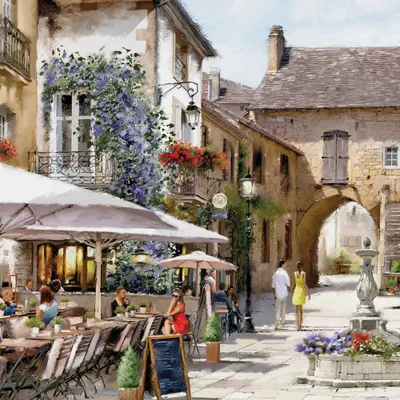 An outdoor cafe scene in a European-style town square with people dining and walking.