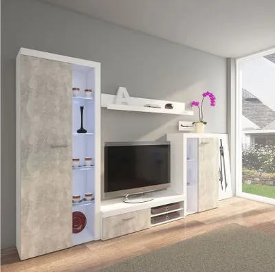 Obrázek produktu pro Moderní obývací stěna s LED osvětlením THISE - beton / bílá