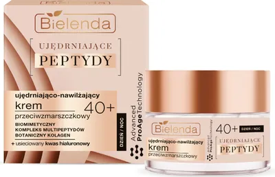 A product shot of a Bielenda Firming Peptide 40 cream jar and its box, presented against a white background.