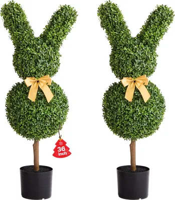 Image de Lapin topiaire artificiel en buis - lot de 2 - hauteur 91 cm - résistant aux UV - résistant aux intempéries - pour l'intérieur et l'extérieur - montage facile - vert