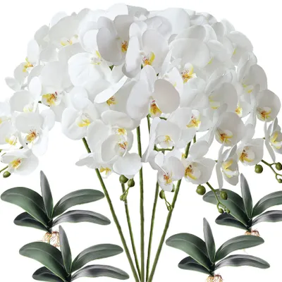 Künstliche Orchideen, 5 Stück, weiß, 80 cm, mit Blättern
